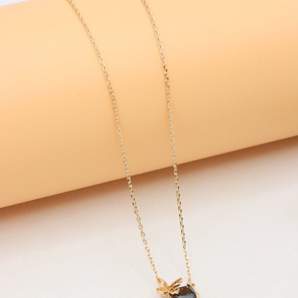Elegant Rose Gold Necklace with Black Stone and Bow Design, XPNL0406 - Picture 7 of 12